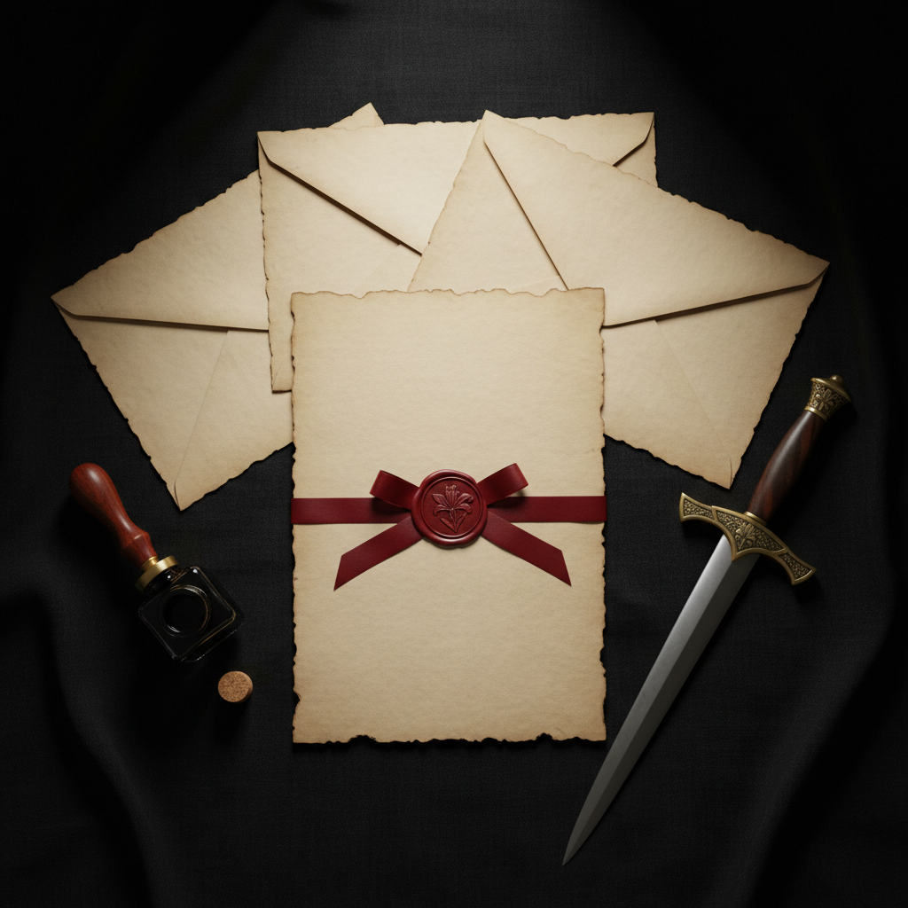 A dramatic top-down photographic composition of a medieval-inspired correspondence set arranged as if ready for an in-game LARP message. At the center lies a folded parchment letter with deckled edges, its surface blank but subtly textured, secured by a deep wine-red ribbon and an ornate wax seal stamped with a stylized lily. Around it are three matching envelopes, a brass seal stamp, a small bottle of ink, and a decorative dagger with an engraved guard, hinting at fantasy adventures. The background is a dark, matte fabric that absorbs light, making the parchment and metallic accents glow under a controlled, soft spotlight from above. Shadows are crisp yet refined, creating a sophisticated, mysterious atmosphere suggestive of secret quests and immersive storytelling.