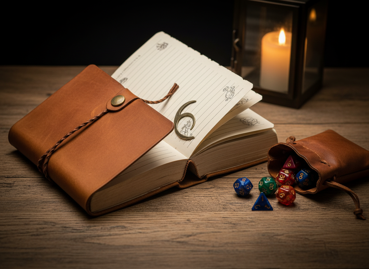 A close-up, eye-level photographic scene of a handcrafted medieval-style journal lying half-open on an aged oak desk. The cover is soft, warm-brown leather with a slightly worn grain, fastened by a narrow strap wrapping around a small brass button. Inside, thick cream pages with uneven edges fan out, showing faint guidelines suitable for campaign notes or LARP scripts. Beside the journal rests a small leather pouch spilling colorful polyhedral dice and a simple metal bookmark shaped like a crescent moon. A candle lantern in the background casts warm, golden light that grazes the leather and edges of the pages, leaving the far corners in gentle shadow. The mood is intimate and inviting, ideal for a sophisticated medieval-gaming writing sanctuary, captured in high-resolution photographic realism.