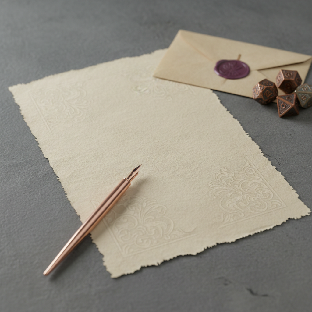 A single luxurious sheet of handmade medieval-style paper, ivory with visible cotton fibers and delicately torn deckled edges, lying diagonally on a slate-grey background. The surface shows faint, elegant watermark-like patterns reminiscent of illuminated manuscripts. A slim, rose-gold metal dip pen rests across the lower corner, its nib catching a subtle highlight. In the blurred background, slightly out of focus, sit a closed parchment envelope sealed with deep plum-colored wax and a small pile of metallic gaming dice. Soft, diffused overhead lighting creates a calm, refined atmosphere, emphasizing the paper’s texture in photographic realism. The composition follows the rule of thirds, with negative space on one side for visual breathing room, evoking sophistication with a whisper of medieval fantasy and online-roleplay inspiration.