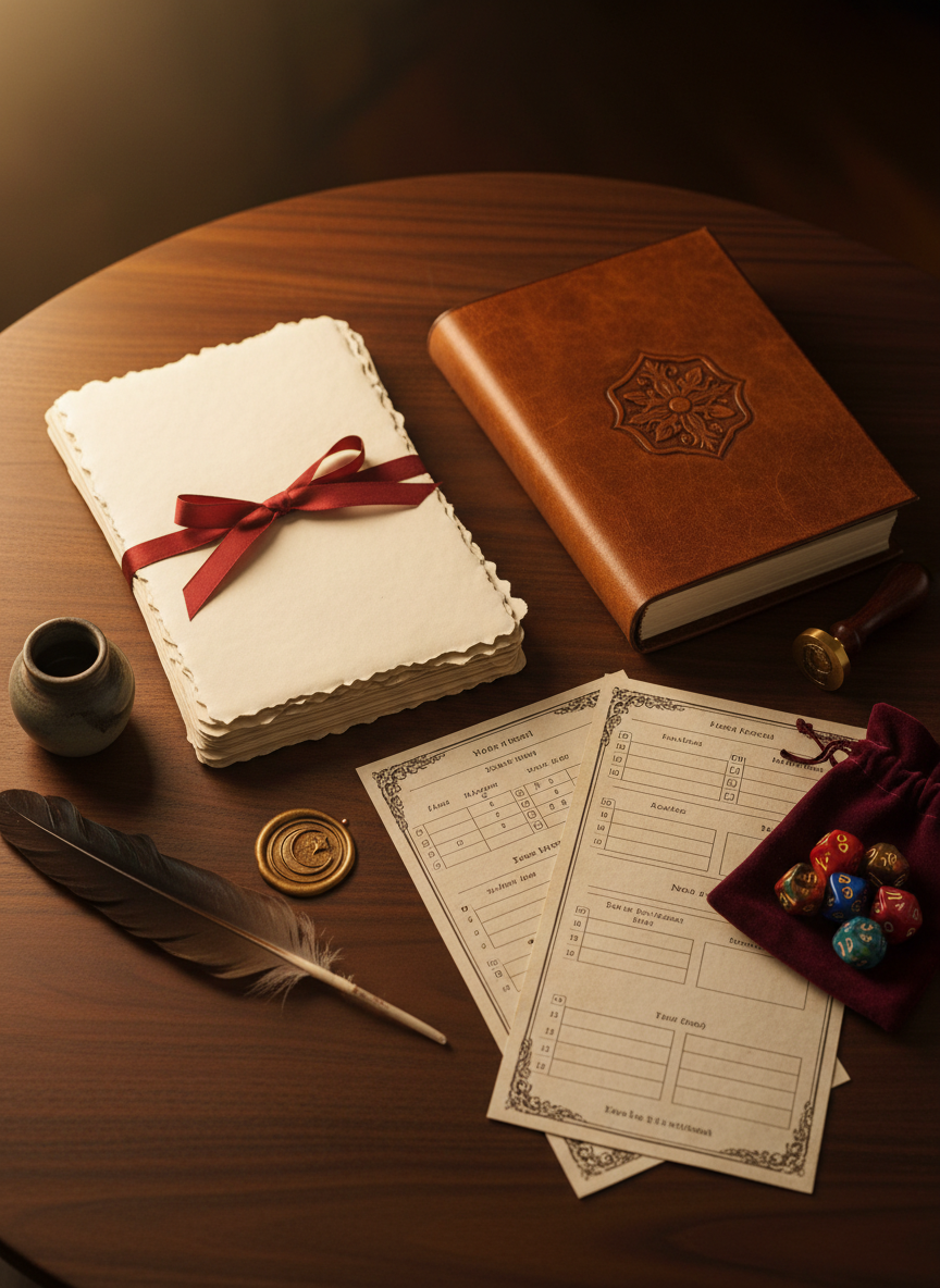 A carefully arranged flatlay of three distinct pieces of artisan medieval stationery on a dark walnut table: a stack of cream, deckle-edged parchment sheets tied with a thin burgundy silk ribbon, a sturdy leather-bound notebook embossed with a subtle floral crest, and a set of folded gaming character sheets printed on parchment-textured paper with faint grid lines. Around them lie a feather quill resting in an inkwell, a wax seal stamp with a crescent motif, and a small velvet pouch of polyhedral dice. Soft, warm studio lighting from the left creates gentle highlights on the leather and wax, with a shallow depth of field that keeps the stationery in sharp photographic focus while the wooden background falls into a cozy, sophisticated blur.